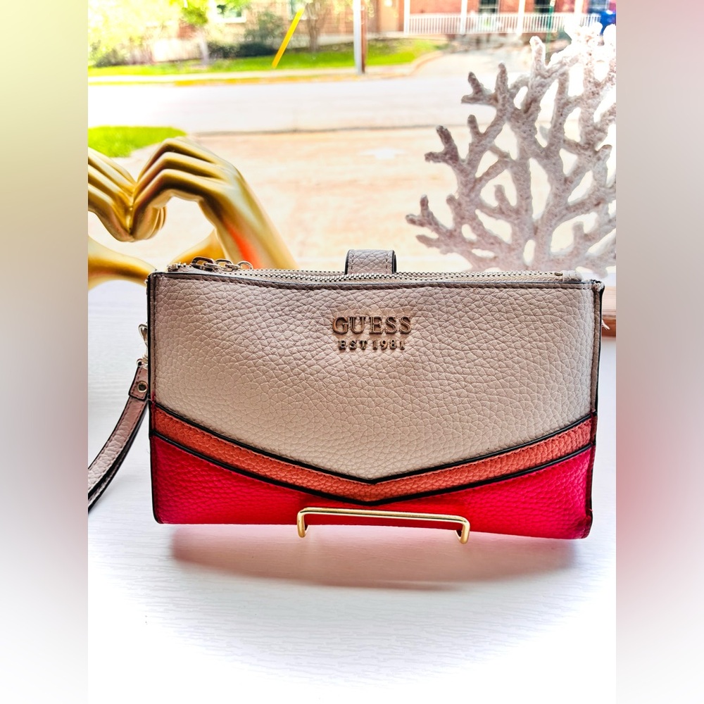 GUESS Colorblock Pebbled Leather Wristlet in Cream, Coral & Red